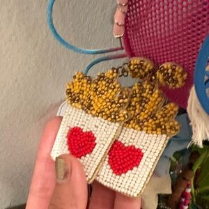 Beaded French Fry Earrings with Red Heart